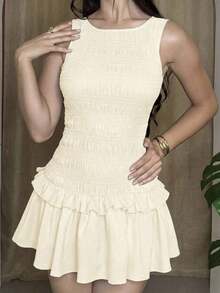 Apricot-Colored Mini Dress With Ruffles At The Hem - 白色 - 查看 5