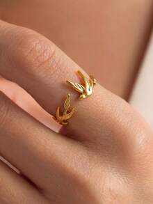 1Pc Dainty Swallow Bird & Leaf Rings For Women, Open Adjustable Stainless Steel Ring, Gold Ring, Nature Inspired Design Jewelry For Women, Birthday Gift, Fashion Accessories For Her - Multicolor - View 4