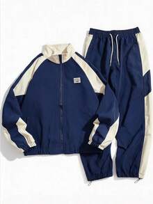 Men's Retro Streetwear Color Block Collar Jacket Set, Collegiate Style Casual Outfit, Minimalist Essential Bomber Jacket & Drawstring Waist Pants - Navy Blue - View 5