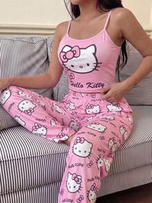 SANRIO Girly Hello Kitty Print Camisole + Long Pants Loungewear Set, Soft & Stretchy Fabric, Comfortable 2 Pieces Set Suitable For Home Sleep / Casual Relaxation / Light Outings - Watermelon Pink - View 2