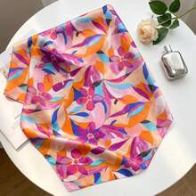 Pañuelo de seda de satén con estampado floral de 70x70cm, estilo artístico, patrón de flores abstractas multicolor vibrante, envoltorio multiusos para cuello y cabeza - Multicolor - Ver 4