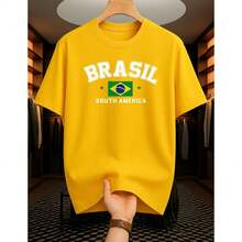 Men's 100% Cotton Basic Premium Crew Neck Short Sleeve Comfortable Shirt BRAZIL SOUTH AMERICA - 黃色 - 查看 3