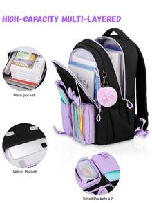 Set de 3 mochilas con bloques de color lindos, que incluye una mochila escolar con decoración de lazo adorable, cierre con cremallera, gran capacidad y múltiples bolsillos, ligera, adecuada para varias ocasiones como la escuela o viajes, regalo de regreso a clases - A - Ver 5
