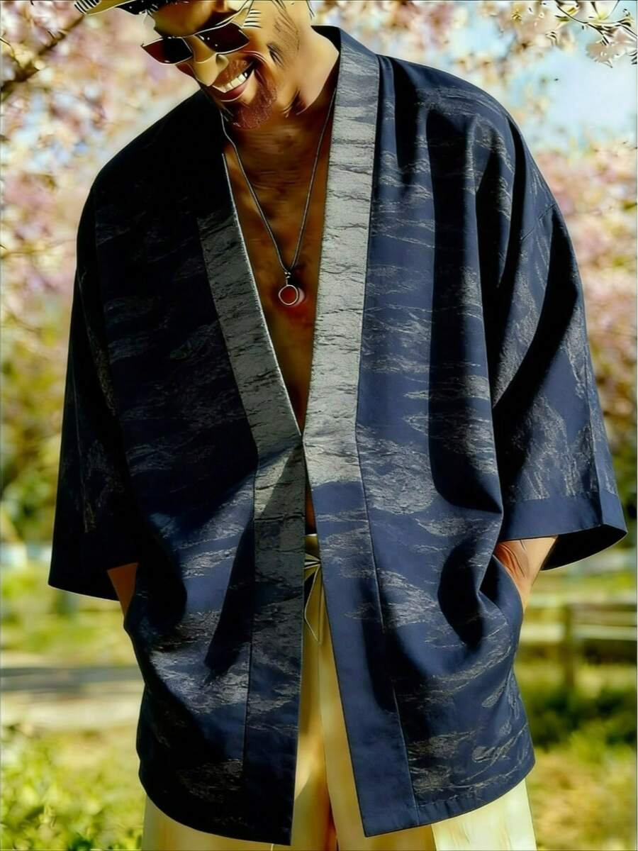 New Spring Men's Kimono Vacation Shirt, Masculine Style, Men's Loose-Fitting Three-Quarter Sleeve Elegant Cardigan - B - View 1