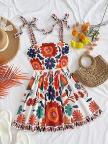 Vestido de verano corto y lindo de línea A con cintura recogida, lazo y bordado de margaritas para mujeres en vacaciones - Multicolor 2 - Ver 1