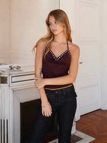 Womens Rivets Studded Halter Neck Plunge Cami Top Self-Tie Spaghetti Straps V-Neck Cut Out Front Crop Tank Top Camisole Vest Y2K Streetwear Party Tops - F214542-棕色 - 查看 5