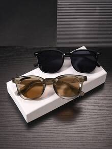 1 Set 2pcs Men's Square Frame Fashion Glasses, Classic Versatile High-Quality Elegant Casual Style, Suitable For Daily Outdoor Commute Travel Street Style Outfit, With Glasses Case - Multicolor - View 5