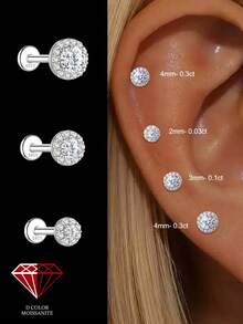 1Pc -2/3/4mm Moissanite 925 Sterling Silver Earrings For Women Classic Stud Earring Helix Cartilage Flat Back For Daily Wear Wedding Fine Jewelry - Silver - View 12