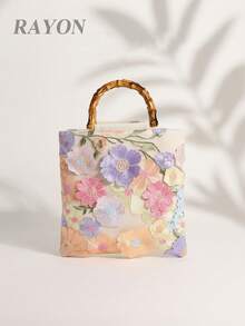 1個花卉圖案網格刺繡提花復古竹柄托特包，亞麻底布，適合海灘、度假、旅行、搭配洋裝休閒穿著，花卉圖案隨機剪裁 - 粉色 - 查看 12
