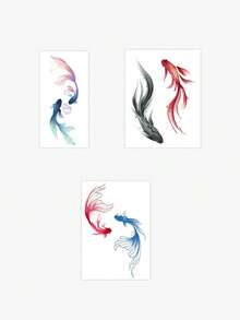 3 Pieces Of Chinese Ink Wash Multi-Color Koi Fish Combination Vertical Temporary Tattoos, With Realistic Tattoo Design. Suitable For Travel, Music Festivals, Games, Graduation Gifts. Lasts For 3-5 Days. - Multicolor - View 4