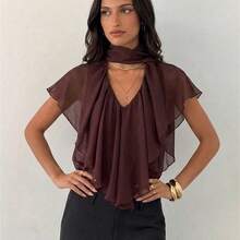 Camisa de oficina elegante de mujer con cuello en V, mangas con volantes de gasa en color marrón - Marrón - Ver 3