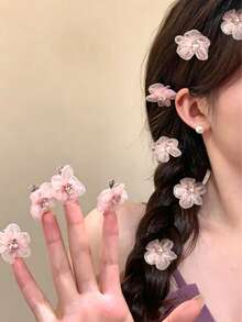 5件組女款時尚粉色花朵髮夾，甜美迷你髮飾，優雅公主風櫻花毛絨髮夾，芭蕾風Y2K仙女髮飾 - 粉色 - 查看 6
