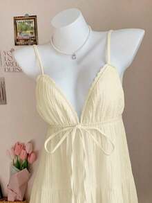 Vestido corto casual de mujer con tirantes de espagueti y espalda descubierta de unicolor, para verano - Albaricoque - Ver 2