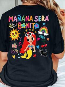 Camiseta estampada 'Manana Sera Bonito', cuello redondo y manga corta para verano y primavera, Ropa de mujer - Negro - Ver 6