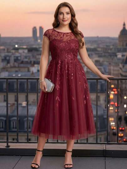 EVERPRETTY Plus Size Summer Luxury Evening Dress Burgundy Floral Leaf Sequined Sleeveless Boat Neck Midi Sparkly Formal Dress Suitable For Party Prom Evening Cocktail