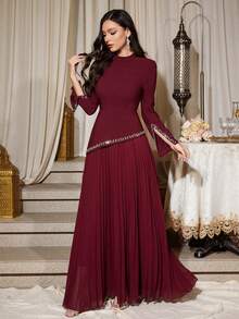 Women's Solid Color Mandarin Collar Asymmetrical Rhinestone Cuff Ruched Dress, Soft Fit & Flare Birthday Party Gown, Non-Stretch Wedding Spring - Burgundy - View 7
