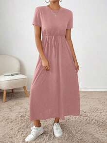 Vestido midi con cordón en la cintura, bolsillo lateral, ropa de regreso a la escuela, ropa de mujer para otoño, atuendos de maestra, vestido de despedida de soltera, vestidos casuales de mujer, vestidos midi de mujer, vestidos de trabajo de mujer, vestidos de otoño para mujer, vestidos maxi de mujer, disfraz de Halloween, vestido casual de negocios, vestidos de verano para mujer - Rosa - Ver 4