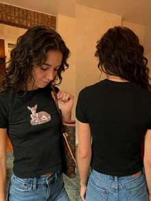 2026 Baby T-Shirt With Deer Print, Fitted White Short-Sleeved Top In Y2K Style. - 黑色 - 查看 2