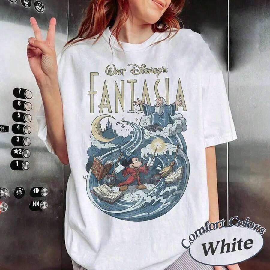 Disney Women's Loose T-Shirt T-Shirts For Men, Women And Children Retro Fantasia Sorcerer Mickey Shirt, Disney Fantasia Mickey Shirt, Fantasia Mickey Tee, Disneyland Family Trip Matching Tee - White - View 1