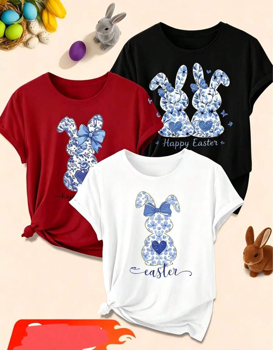 Women's 3-Piece Short-Sleeve T-Shirt Set With A Blue And White Porcelain Heart And Rabbit Print, Retro Style, Round Neck, Comfortable, Fashionable For Spring, Summer, And Fall 2026. Suitable For Everyday Wear, Casual Parties, And Elegant Women's Clothing. Simple, Loose, And Versatile Top. Sizes S-XXL. - 黑色 - 查看 1