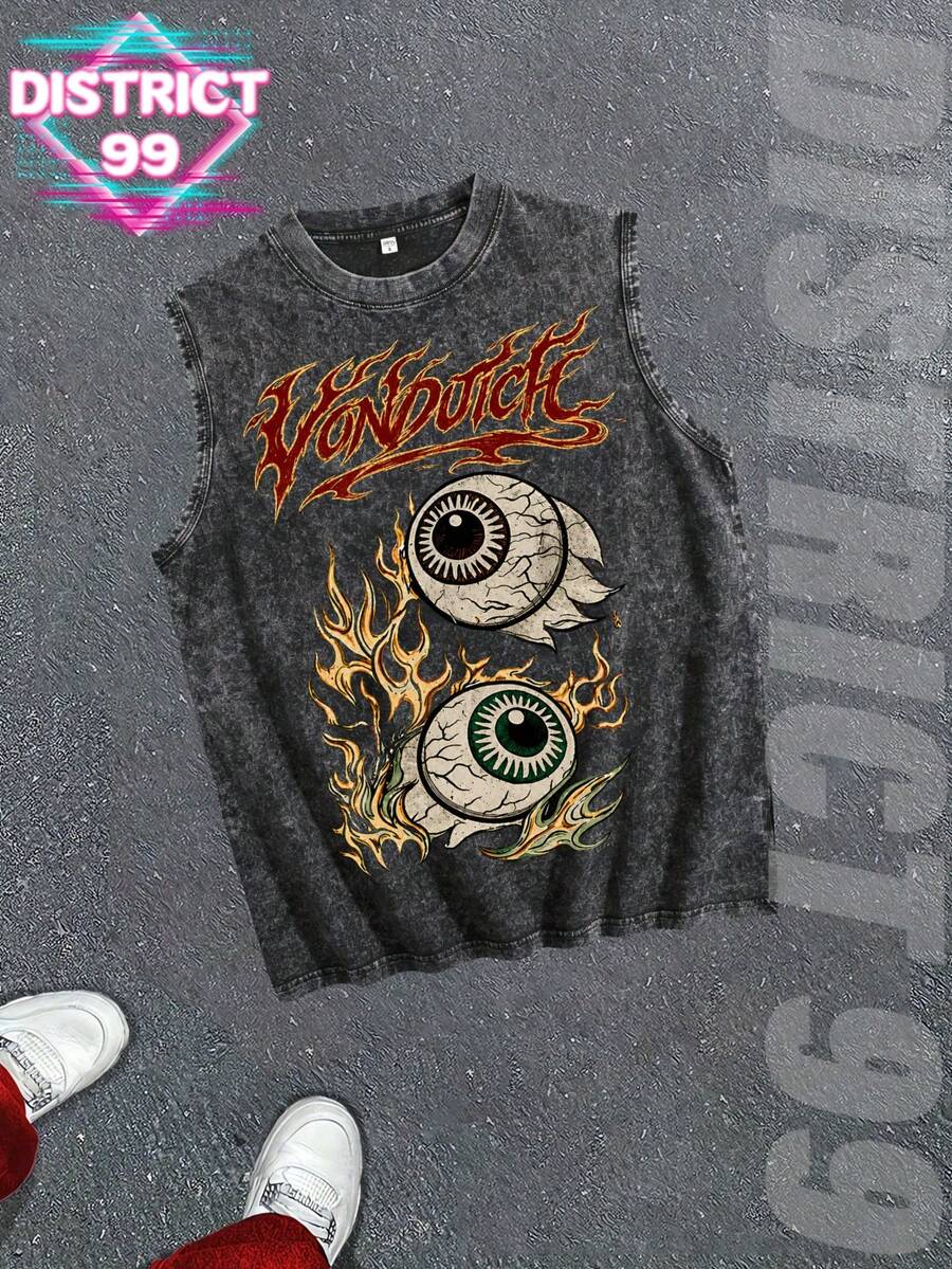 Men's VonDutchs Style Washed Cotton Sleeveless Vest, Eye Flame Graphic, Black Retro Distressed Summer Tank Top, Daily Casual & Father's Day Gift - 黑色 - 查看 1