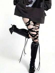 1pc Women's Sexy Punk Distressed Fishnet Tights, Nude-Feel Lolita Gothic Spider Web Black Mesh Soft Elastic High-Waist Pantyhose, Y2K Style - Multicolor - View 7