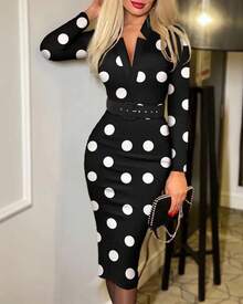 Vestido elegante con estampado y cuello en V, manga corta con cinturón, para mujer, ropa informal elegante para primavera y verano - Negro - Ver 2