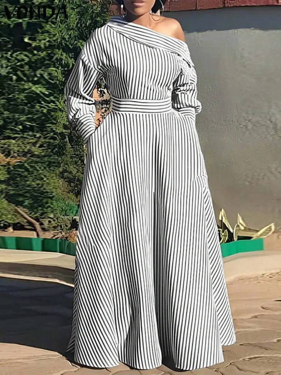 maxivestido elegante de oficina para mujer, vestido veraniego a rayas con manga acampanada, vestido de de noche a, holgada para mujer 2024 - Negro - Ver 1