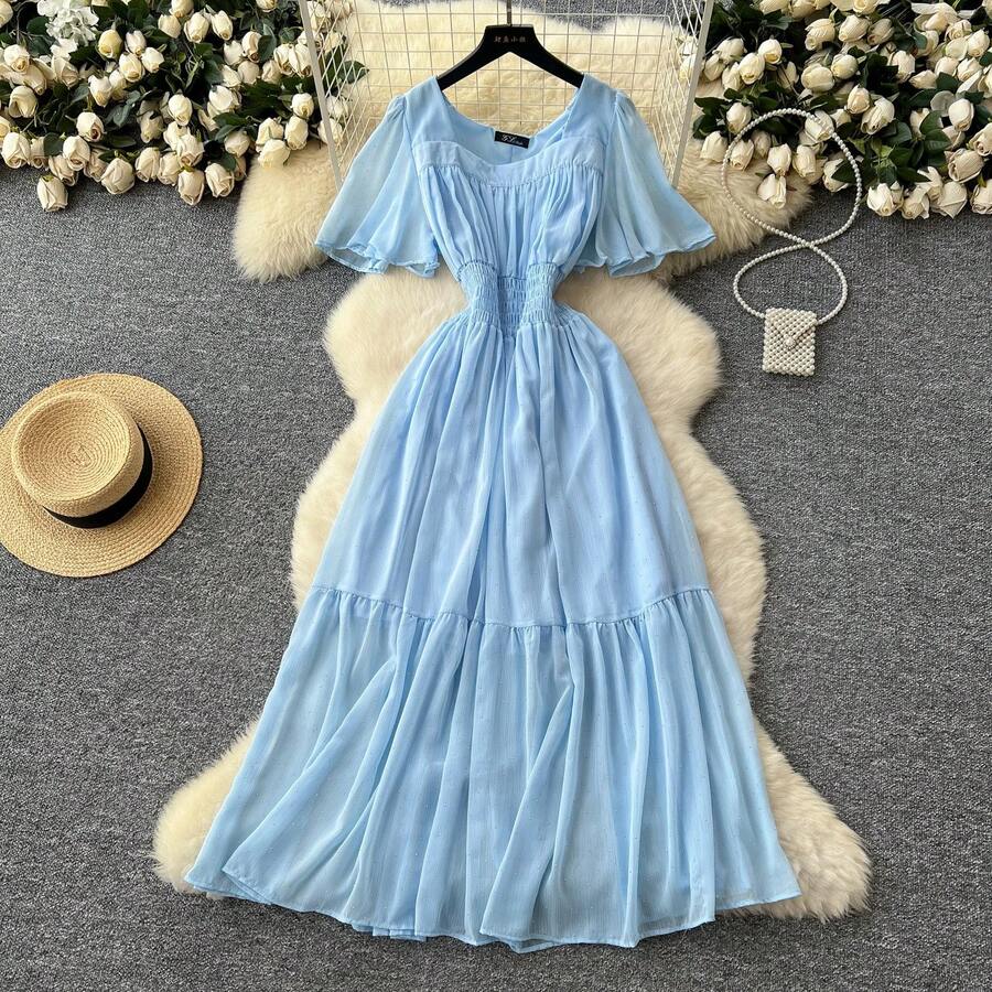 Vestido de Chifón con Lentejuelas y Cuello Cuadrado Retro, Manga Corta, Cintura Ajustada, Estilo Coreano, Falda Larga Drapead... - azul claro - Ver 1