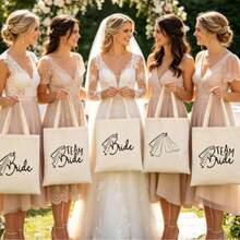 Braut & Brautjungfer Leinwand Tragetasche, wiederverwendbare Hochzeitsfeier Geschenk Tasche, elegante Schleier Muster Schultertasche, perfekt für Brautjungfer Geschenk, Junggesellinnenabschied, Brautparty & Einkaufen - Aprikose - Übersicht 2