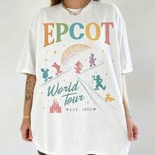 Disney Women's And Men's T-Shirts Pastel Epcot World Tour Character Silhouettes Printed Oversized T-Shirts, 100% Cotton Retro Short-Sleeved Casual Shirts, And Graphic Printing T-Shirts For Epcot Park Travel Matching Outfits - trắng - Xem 1