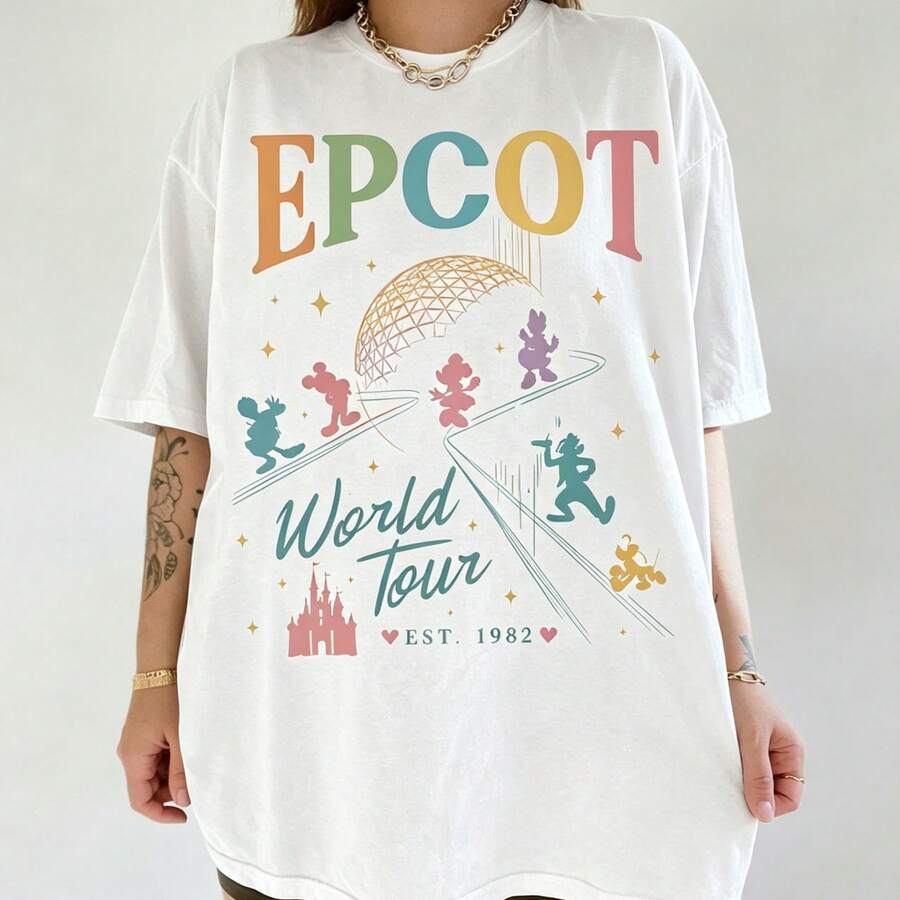 Disney Women's And Men's T-Shirts Pastel Epcot World Tour Character Silhouettes Printed Oversized T-Shirts, 100% Cotton Retro Short-Sleeved Casual Shirts, And Graphic Printing T-Shirts For Epcot Park Travel Matching Outfits - trắng - Xem 1