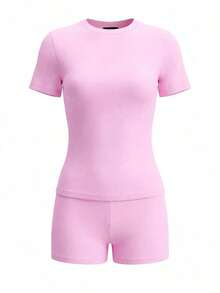 LovelyWholesale Vestido mini ajustado de unicolor con cuello redondo y rayas, ropa de verano color rosa - Rosa - Ver 5