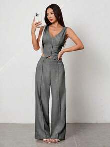 PETITE Conjunto de chaleco sin mangas con cuello abierto y pantalones informales - Gris Claro - Ver 7