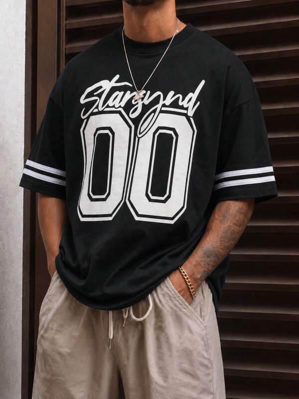  Fractyr Men's Two Sided Print Oversized T-Shirt, "Starsynd 00" Baseball Jersey Style Graphic Tee, Black Streetwear Casual Top, Soft Touch Short Sleeve Crew Neck Shirt For Urban & Sporty Style
