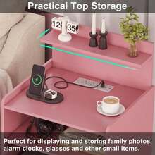 Mesita de Noche LED con Estación de Carga, Mesita de Noche con 2 Cajones y Espacio de Almacenamiento Abierto, Mesa de Noche con Luces LED, Mesa Auxiliar Moderna con Puertos USB y Enchufes - Rosa - Ver 7