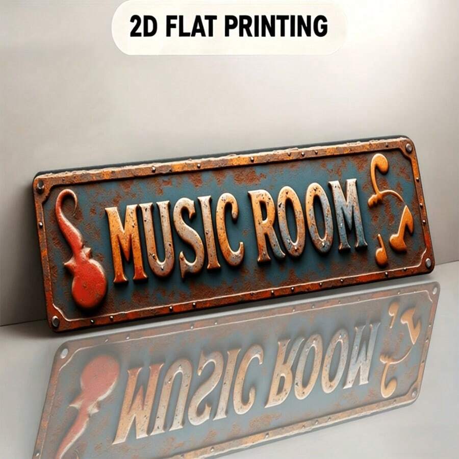 Vintage Music Theme 2D Wall Decor With "Music Room" Text And Guitar Note Pattern - Suitable For Retro Metal Wall Hanging Plaque In Dining Room, Easy Installation Without Tools, Great Gift Choice, 2D Flat Design (Random Style) - A - View 1
