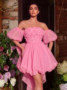 Faeriesty Váy tốt nghiệp thời trang thanh lịch tay phồng với nơ hở lưng & trang trí hoa | Váy tiệc cưới sang trọng, màu hồng - Hồng - Xem 4