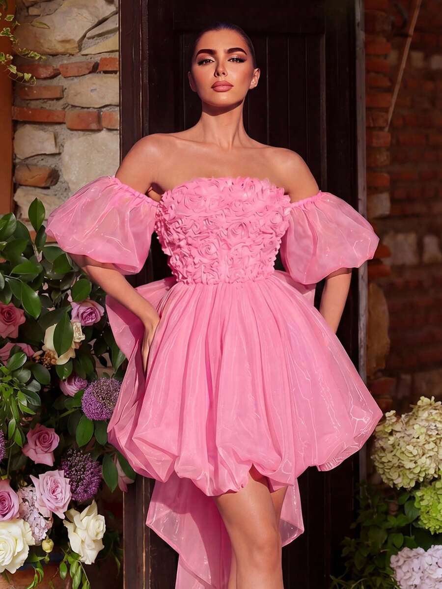 Faeriesty 优雅时尚泡泡袖毕业礼服，露背蝴蝶结和花朵装饰 | 奢华婚礼派对礼服，粉色