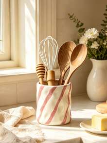 1pc Striped Resin Kitchen Utensil Holder, Bright Red/Pink Diagonal Striped Utensil Holder, Decorative Resin Storage Rack For Spoons, Forks, Whisks, Suitable For Kitchen, Restaurant, Lightweight Resin Material, Adds Cheerful Atmosphere To Cooking Space - Slash Polka Dot Storage - View 4