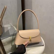 柔軟布料 PU 皮革金屬扣裝飾貝殼造型復古風巴黎包 女款單肩包 新款小方型手提包 - 卡其色 - 查看 10