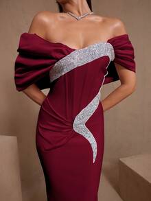 Jacquard Strapless Long Mermaid Dress With Oversized Bow, For Party & Evening Gown - Burgundy - View 7