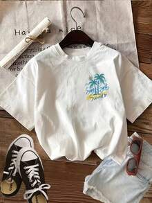 Women's Casual Summer Reversible Top With Two-Sided Print, Hand-Painted Style With Palm Trees, Sun And Sand Pattern, Round Neck, Short Sleeve, Solid Color. - 白色 - 查看 2