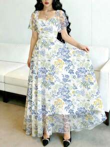Vestido largo de gasa con estampado floral de hortensia y clavel, diseño de cuello cuadrado y mangas con volantes, cintura ceñida, elegante y apropiado para el verano y el uso diario - Multicolor 2 - Ver 3
