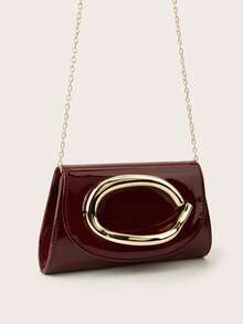 REMANLAND Charming Large Capacity Evening Clutch, Sparkling Chain Shoulder Strap, Luxurious Patent Leather Solid Color Wedding Party Handbag, Purse, Stylish - Burgundy - View 3