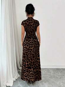 Vestido abotonado de manga corta con cuello, cintura ceñida y estampado de leopardo elegante para mujer - Gris - Ver 9