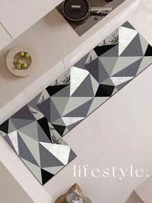 3.5mm Thick Absorbent Rubber Kitchen Mat, Large Or Small Rug, Modern Geometric Abstract Design In Black, White And Gray Tones With Layered Triangle Patterns, Faux Marble Texture Decorative Carpet, Can Be Trimmed To Fit Kitchen, Living Room Or Bedroom - Multicolor - View 11