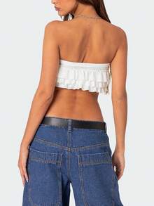 Women Cropped Tube Tops Sleeveless Off Shoulder Strapless Tiered Ruffle Trim Bandeau - White - View 3