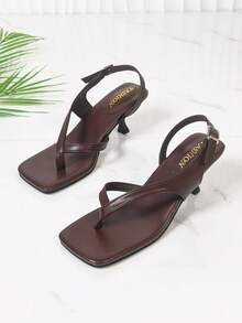 Viral Style Burgundy Slingback Thong Sandals, Editor Pick Adjustable Buckle Kitten Heels, Minimalist French Summer Casual Shoes. - màu nâu - Xem 1