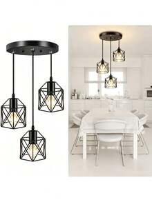 Three-Light Pendant Lamp, Rustic Style, Perfect For Kitchen Islands And Dining Rooms; Retro Industrial Style Ceiling Light, Adjustable Height, Matte Black, Bulb Not Included - Black - View 3